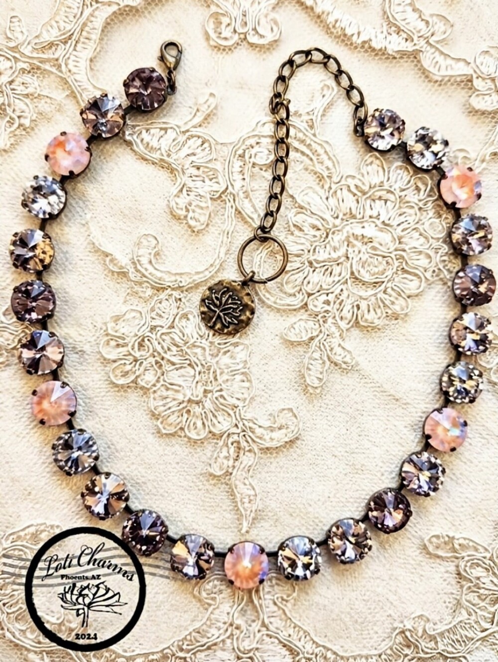 Heavenly Pink Of Premium Crystal In Classic 14k Gold Plated Tennis Necklace